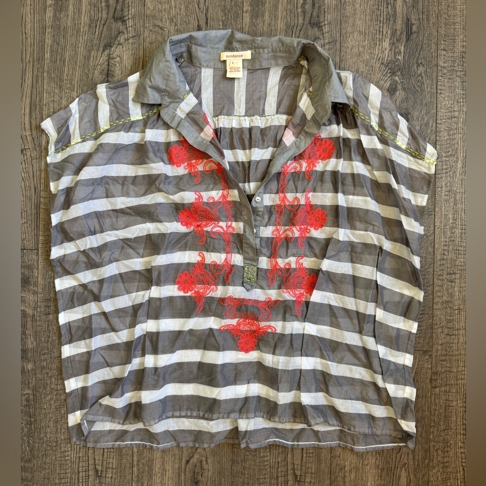Sundance Cotton Striped Embroidered Pop Over Top- Size Large - Picture 2 of 5